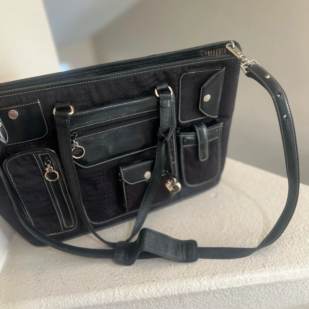 Brighton‎ for Business Black Multi Pocket Canvas and Leather Laptop Tote Bag